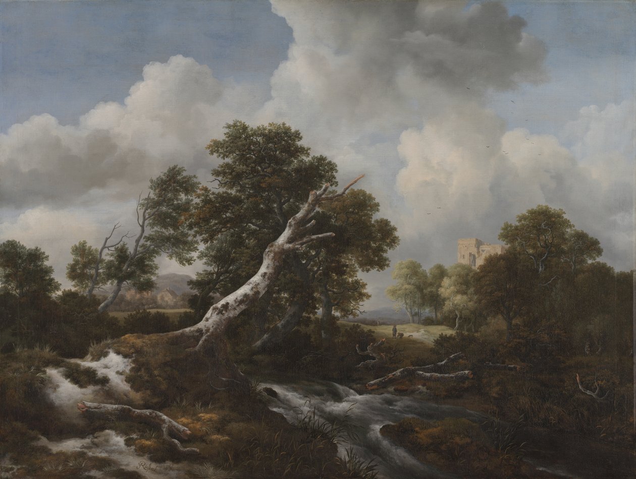 Lage waterval in een bebost landschap met een dode beuk door Jacob van Ruisdael