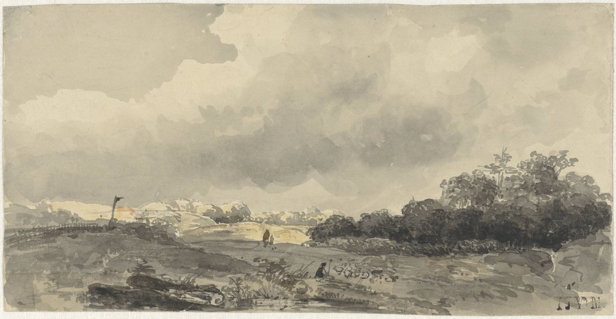 Landschap met schaapherder onder zware wolkenlucht door Jacob Jan van der Maaten