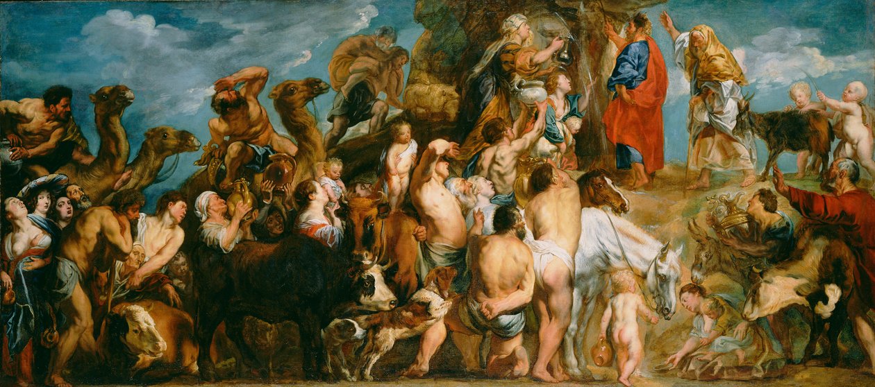 Mozes slaat water uit de rots door Jacob Jordaens