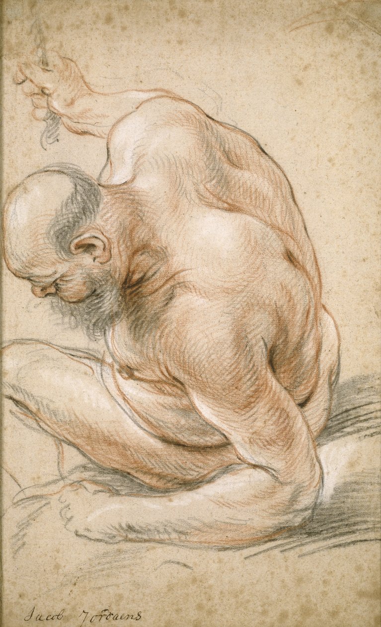Naakte oude man zittend, leunend op zijn onderarm, naar links gericht door Jacob Jordaens