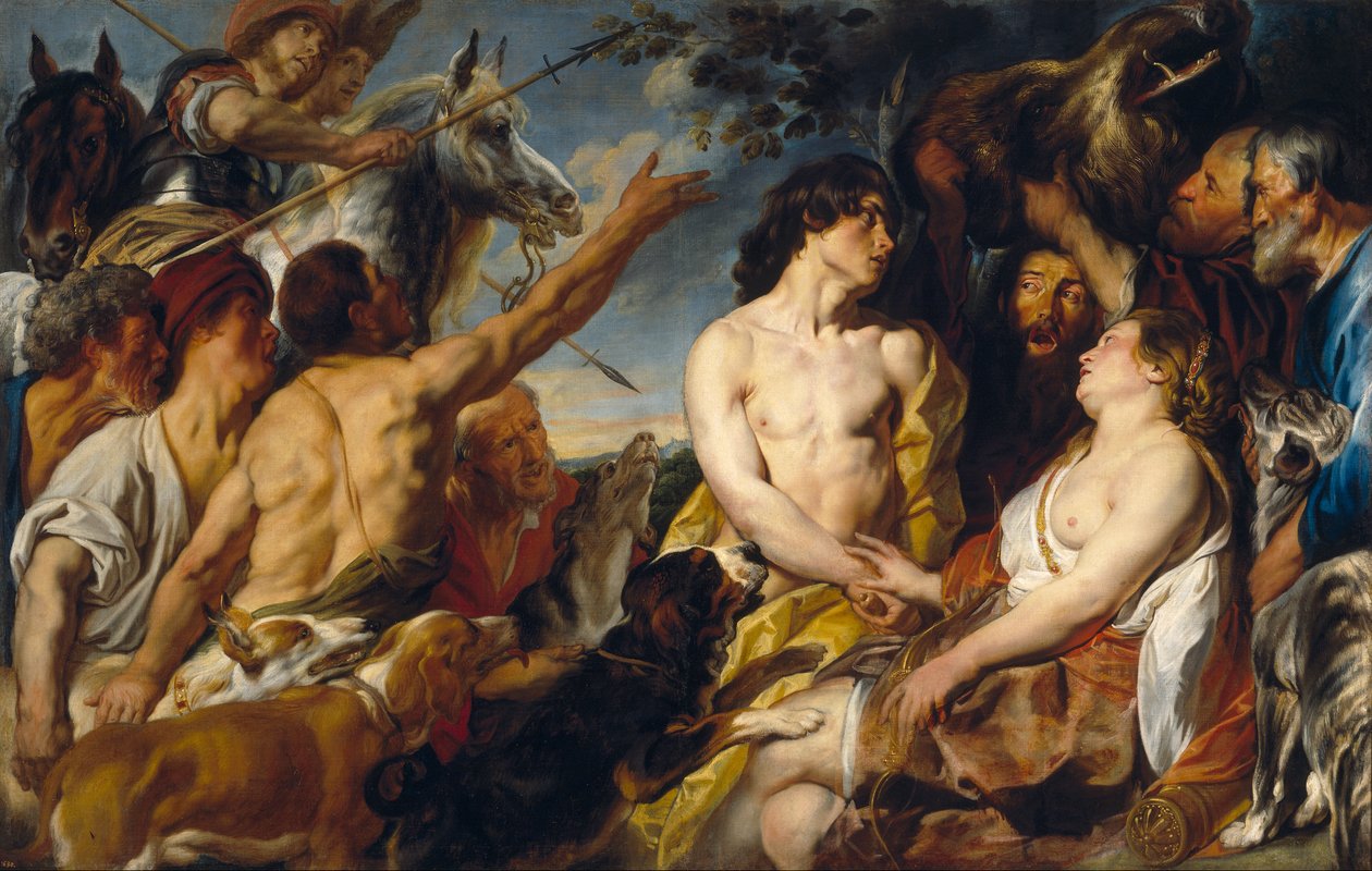 Plexippus en Toxeus stelen de kop van het Caledonische zwijn van Atalanta, aan haar gegeven door Meleager (Ovidius, Met. VIII, 260-444) door Jacob Jordaens