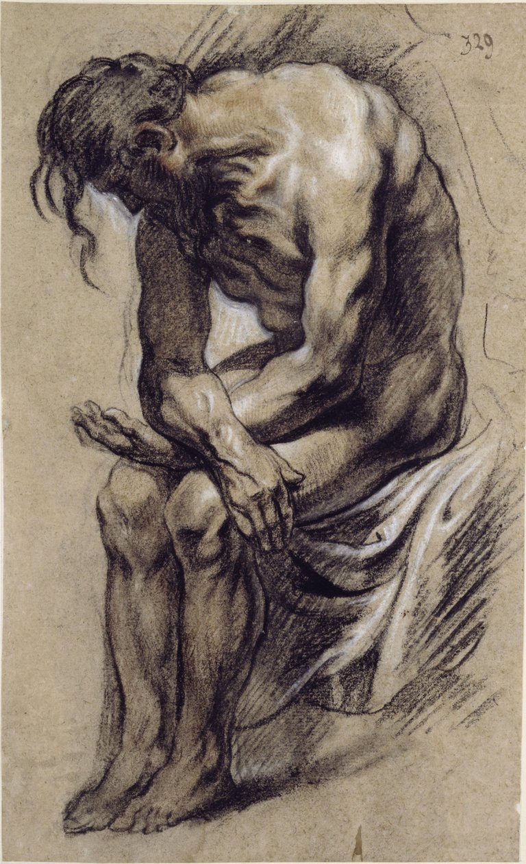 Zittende naakte man, studie voor een Christus tijdens de doornenkroning door Jacob Jordaens