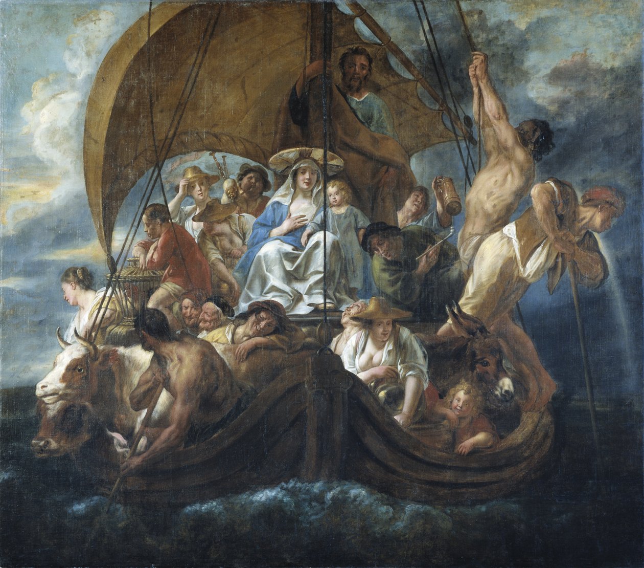 De Heilige Familie op een veerboot door Jacob Jordaens