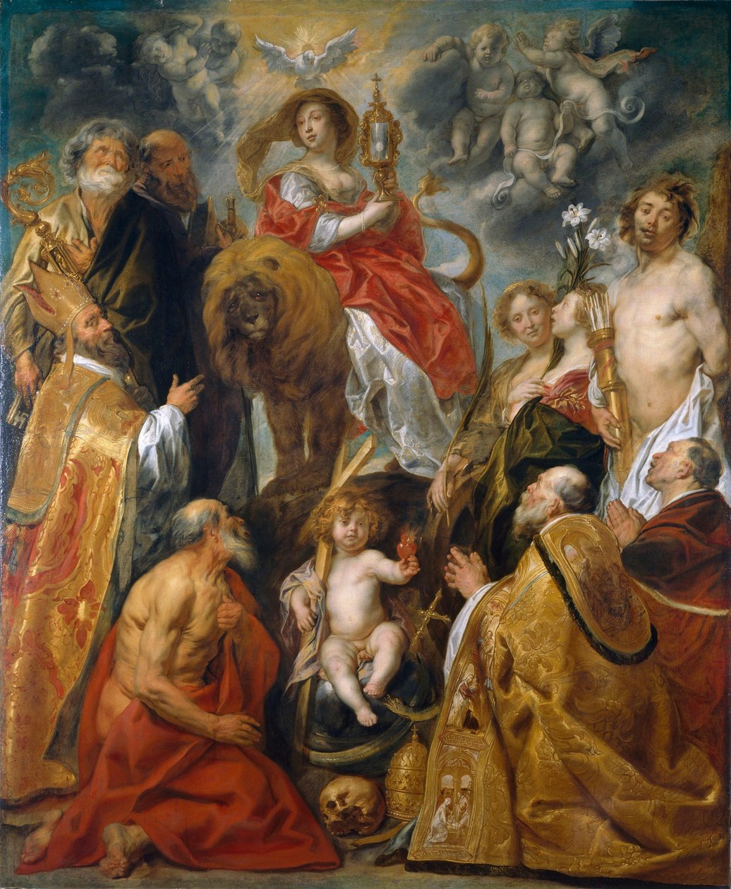 De verering van de eucharistie door Jacob Jordaens