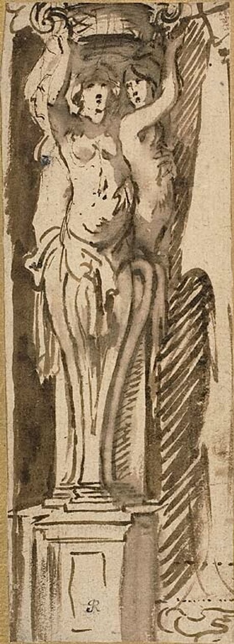 Drie kariatiden die een mand ondersteunen door Jacob Jordaens