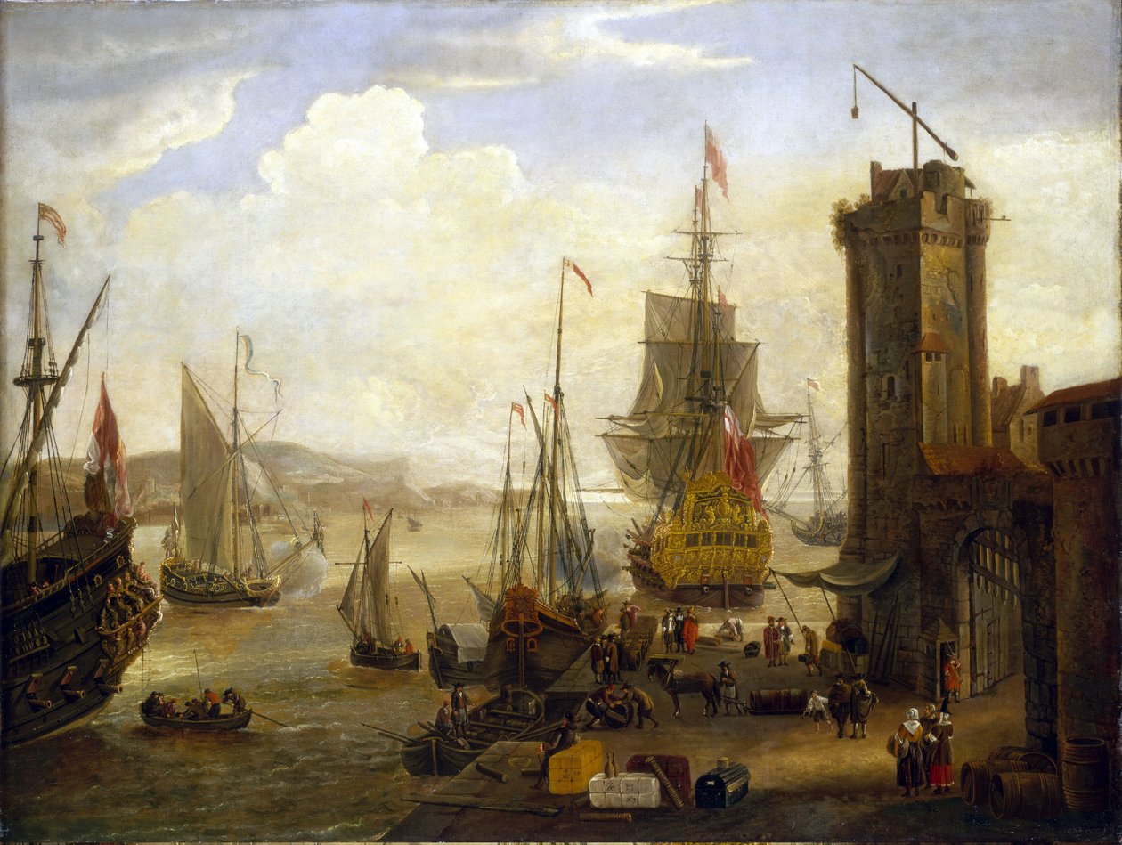 Scène van activiteiten op de dokken in een Britse haven, Engelse en Nederlandse schepen laden goederen van pakhuizen en winkels op de dokken, en de binnenkomst van verschillende schepen in de haven door Jacob Knyff