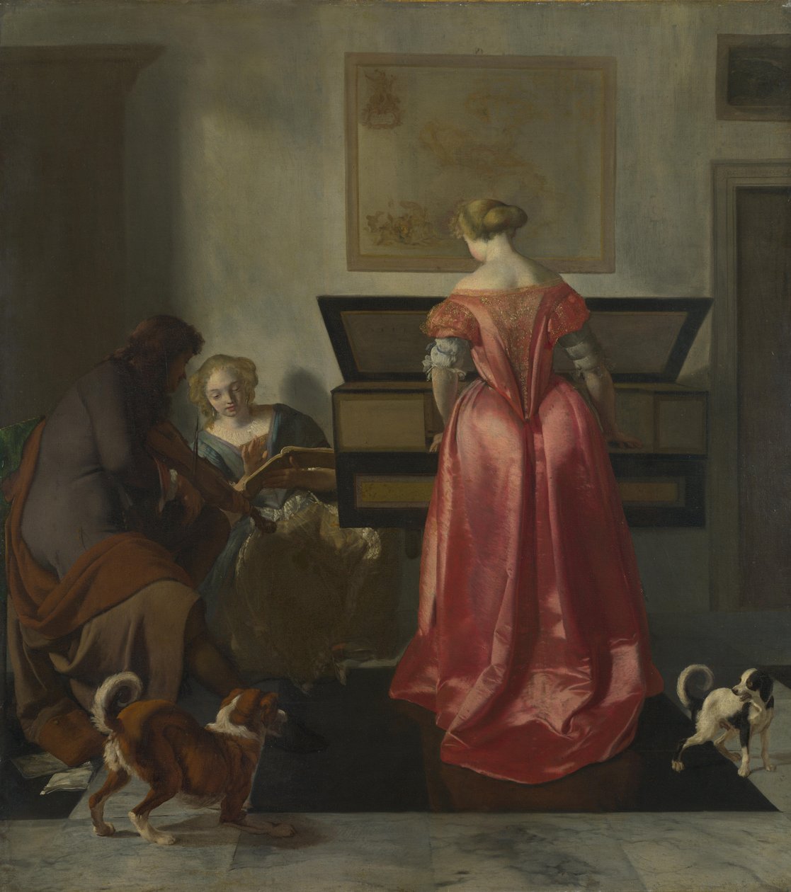 Twee vrouwen en een man maken muziek, ca. 1675 door Jacob Lucasz. Ochtervelt