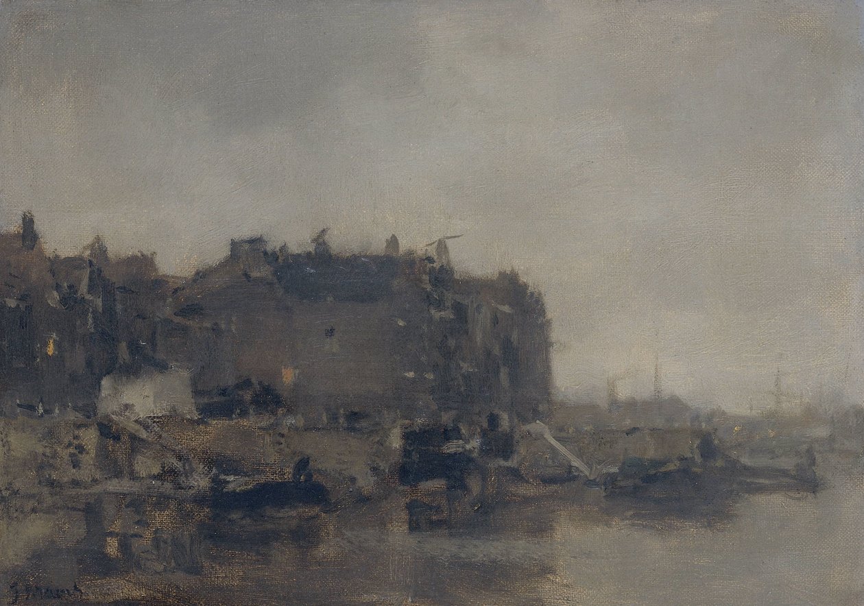 Huizen aan de Prins Hendrikkade, Amsterdam, op een mistige dag door Jacob Maris