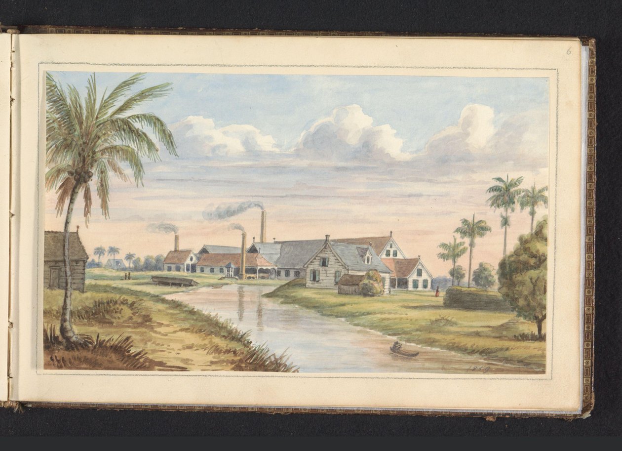 Suikerplantage Visserszorg aan de Commewijne rivier, Album met tekeningen van Suriname, p.6 (50) door Jacob Marius Adriaan Martini van Geffen