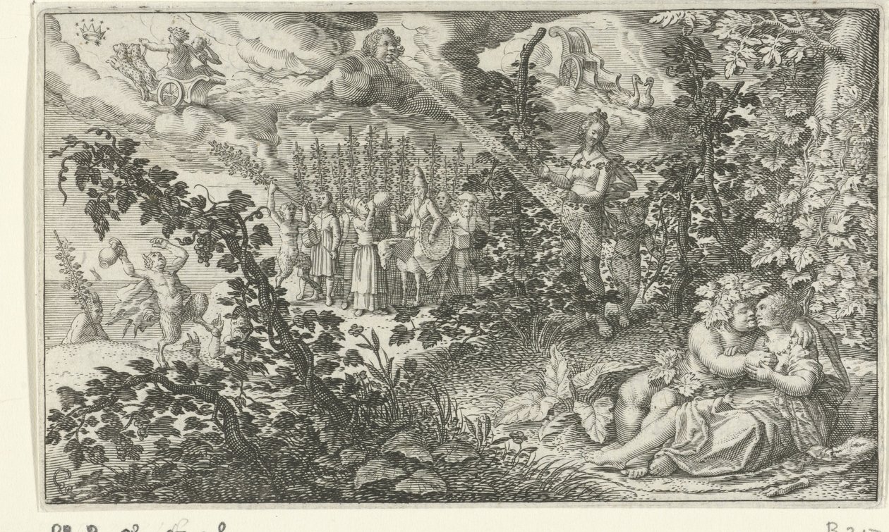 Bacchus en Ariadne als geliefden door Jacob Matham