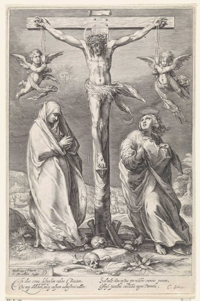 Christus aan het kruis, met Johannes en Maria door Jacob Matham