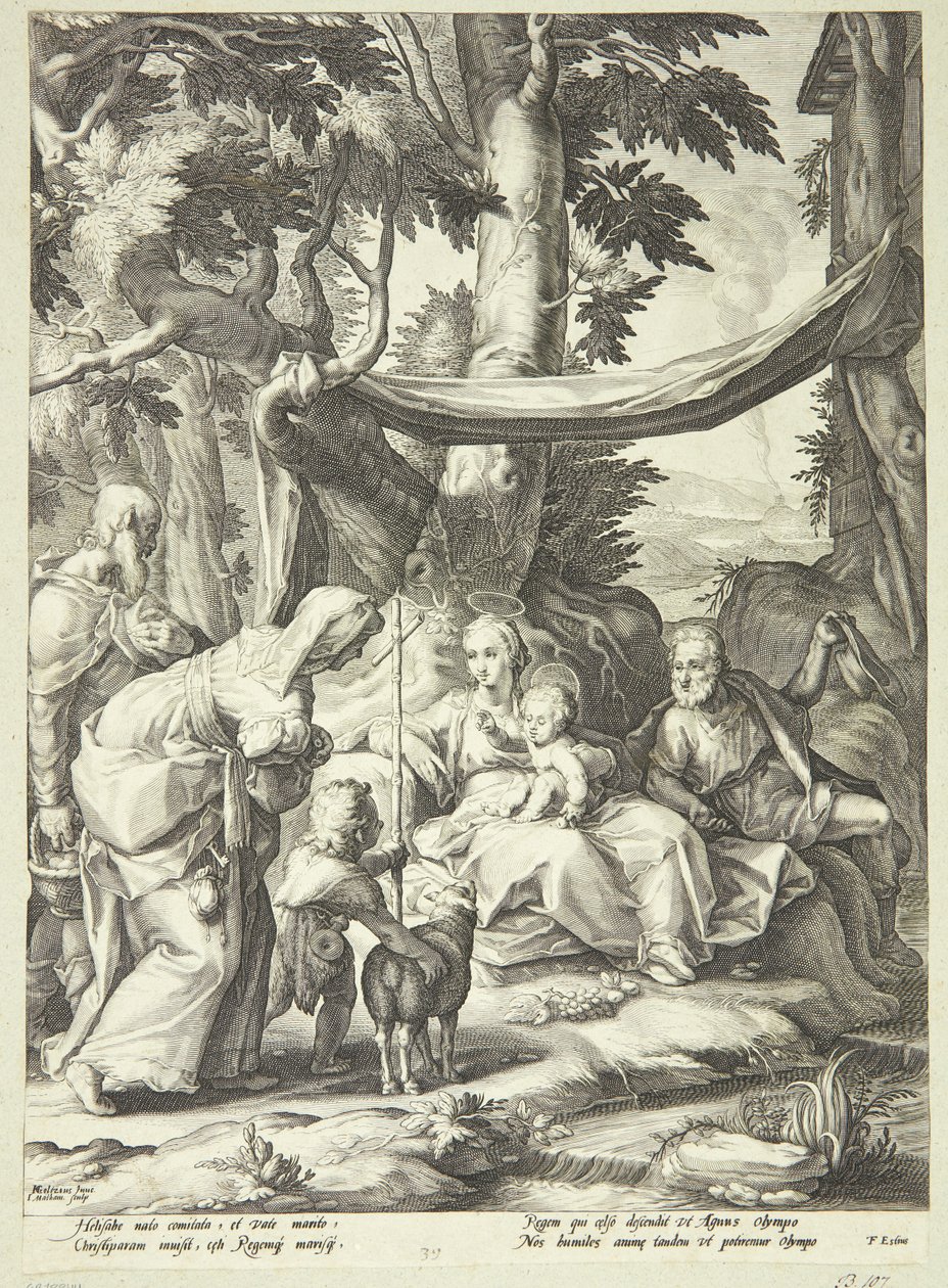 De heilige familie zittend in een landschap met Elisabeth, Zacharias en Johannes de Doper als kind door Jacob Matham
