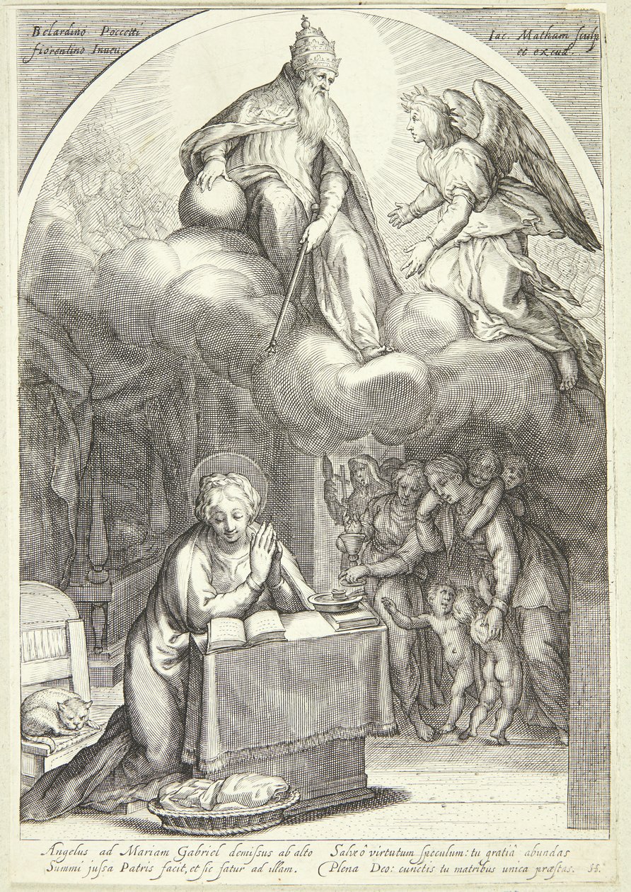 De Heer en Gabriel verwachten de aankondiging, Maria knielend beneden door Jacob Matham