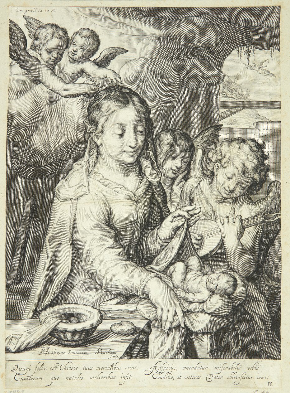 Maagd Maria met kind omringd door engelen door Jacob Matham