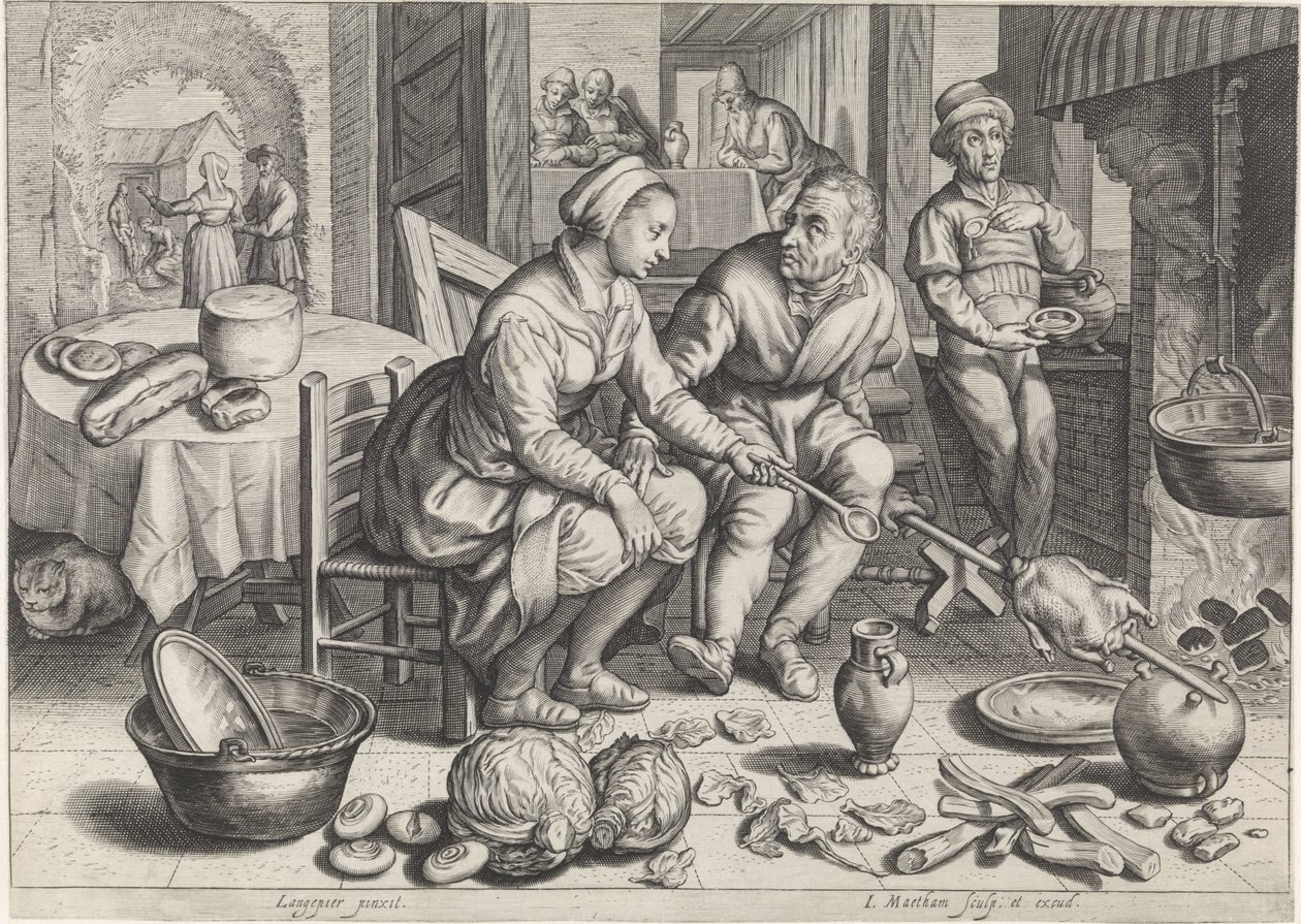 Keukenstuk met kip aan het spit Keuken- en marktscènes met bijbelse scènes (serie titel) door Jacob Matham