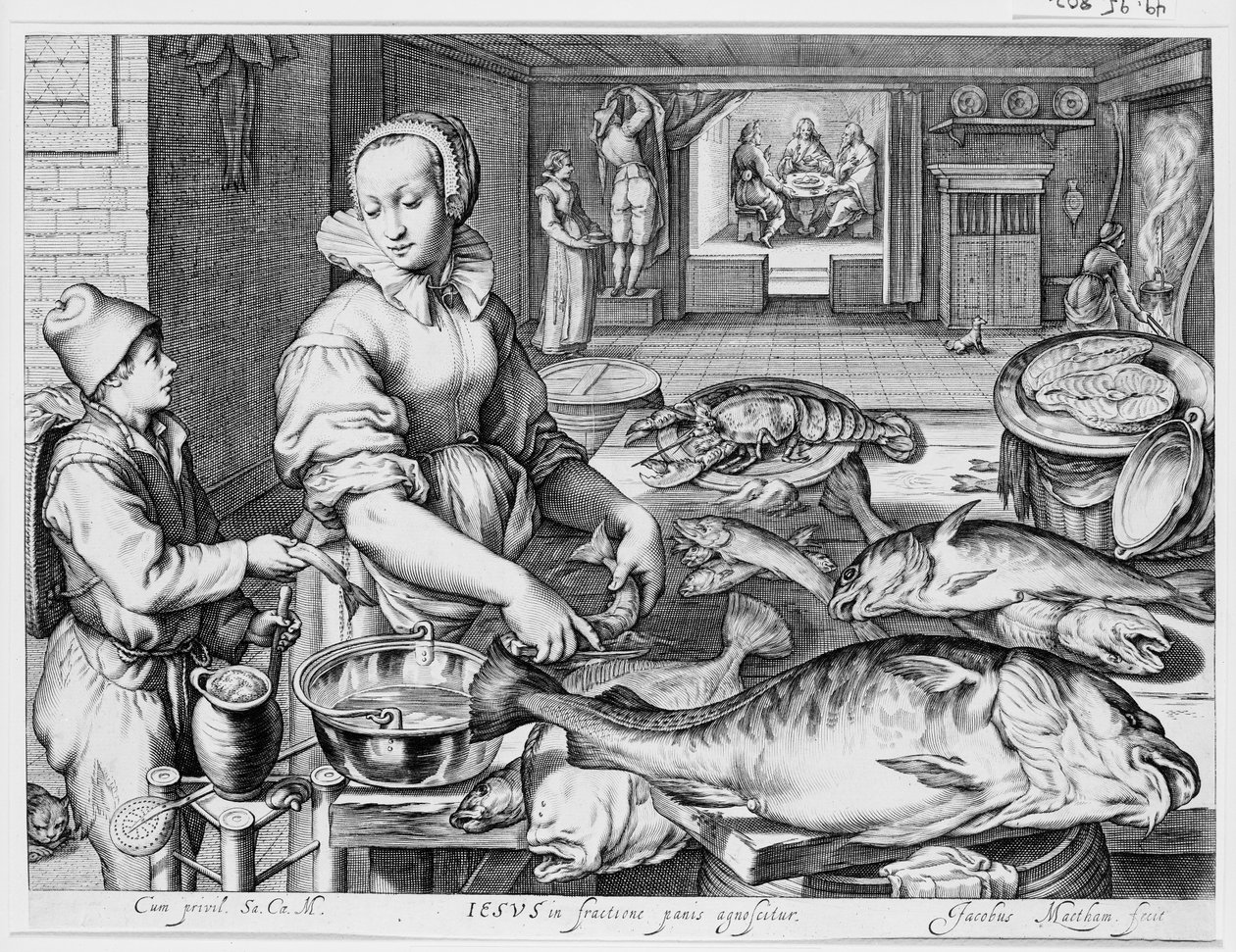 Keukenscène met een keukenmeid die vis bereidt, Christus te Emmaüs op de achtergrond, uit Keuken- en marktscènes met Bijbelse scènes op de achtergrond door Jacob Matham