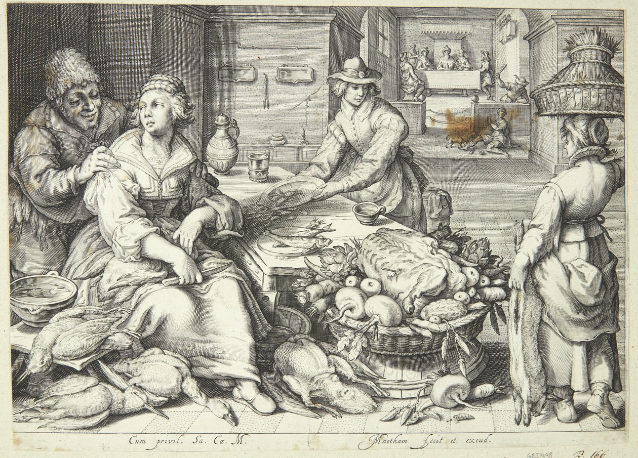 Keukenscène met een keukenmeid die gevogelte plukt door Jacob Matham