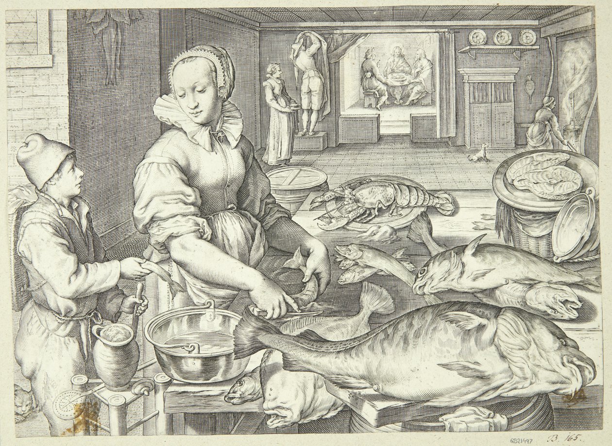 Keukenscène met een keukenmeid die vis schoonmaakt door Jacob Matham