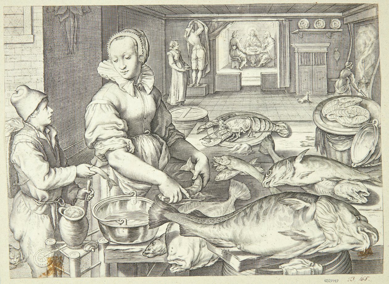 Keukenscène met een keukenmeid die vis schoonmaakt door Jacob Matham
