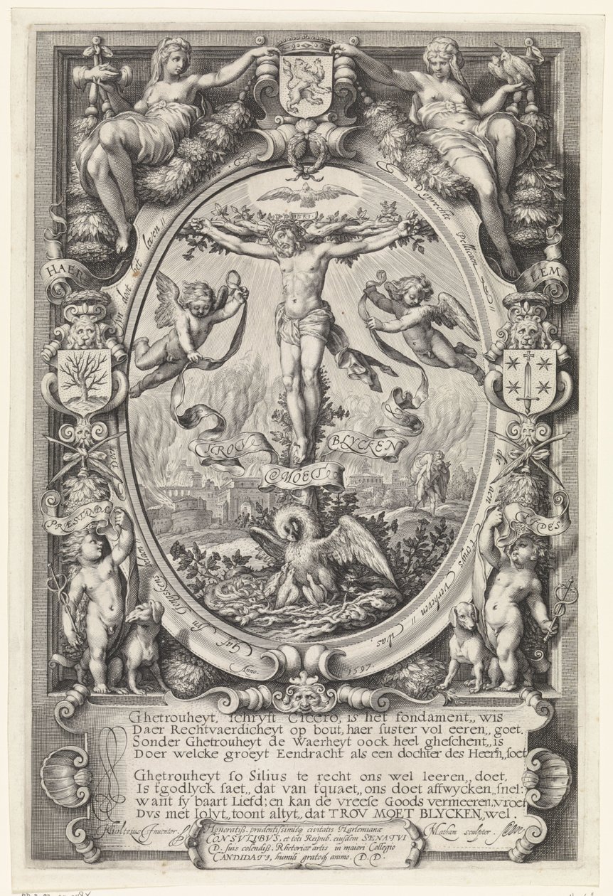 Kruisiging in allegorische omlijsting door Jacob Matham