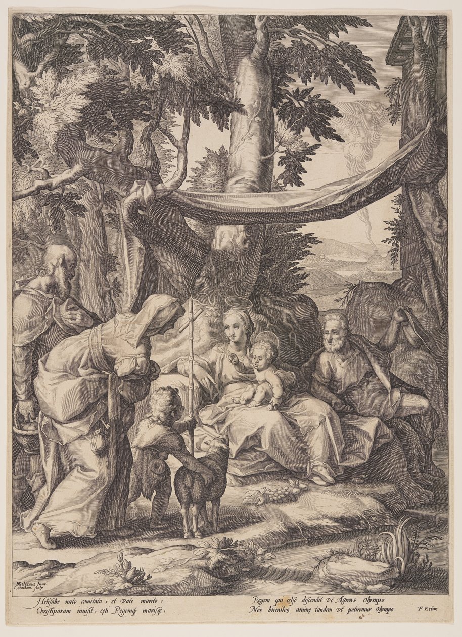 De Heilige Familie met de heiligen Elizabeth, Zacharias en Johannes door Jacob Matham