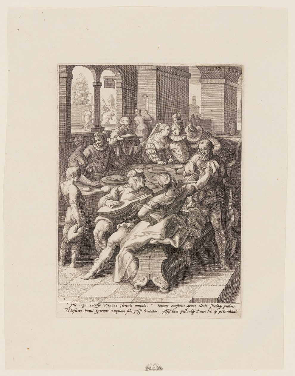 De verloren zoon feestend met hoeren, uit De geschiedenis van de verloren zoon door Jacob Matham