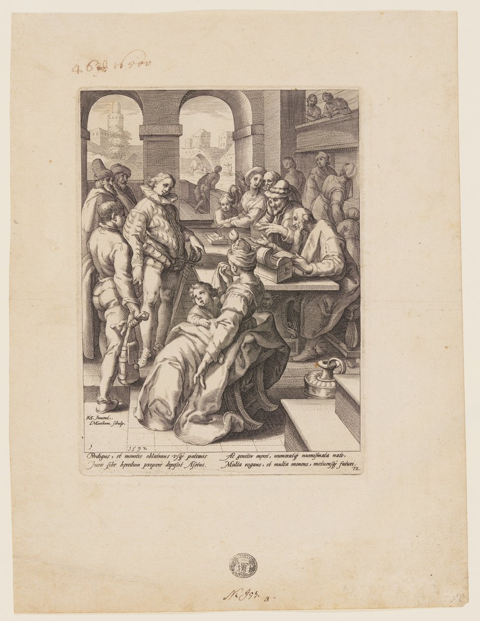De verloren zoon ontvangt zijn erfenis, uit De geschiedenis van de verloren zoon door Jacob Matham