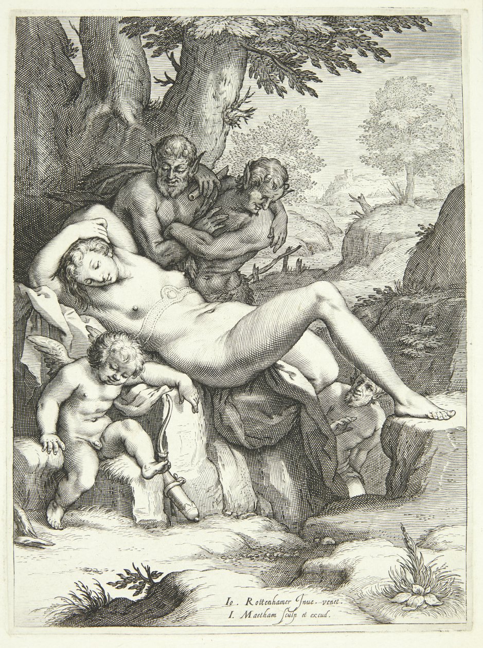 Venus en Amor slapen en worden bekeken door saters door Jacob Matham