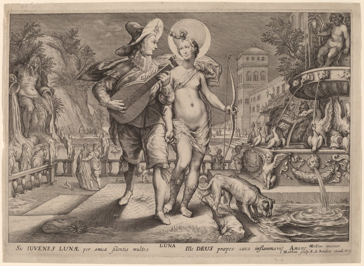 Diana als Luna begeleidt een jongeman die een serenade brengt door Jacob Matham, after Hendrik Goltzius