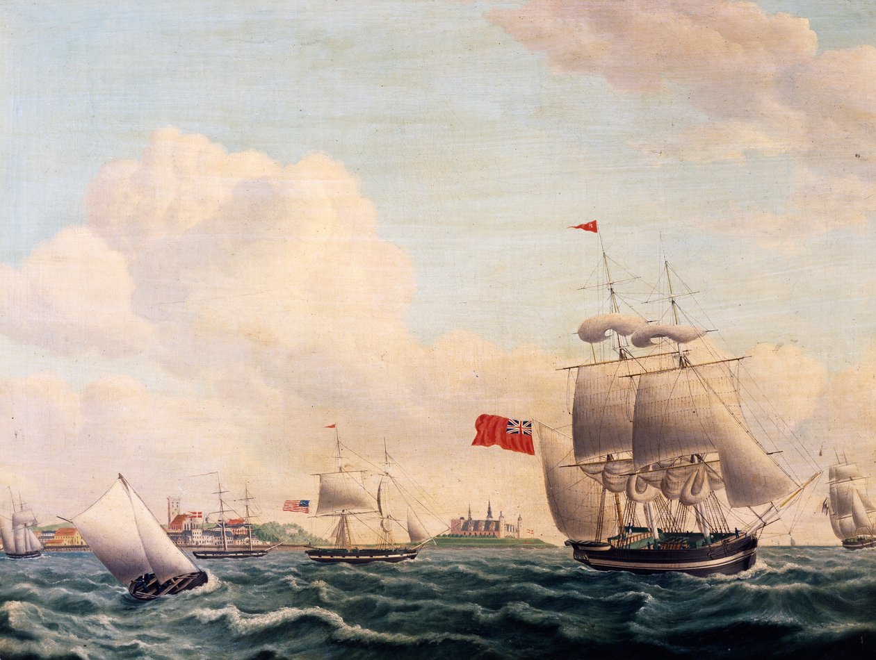 Schepen varen door de Sont tussen Zweden en Denemarken met Kasteel Kronborg op de achtergrond door Jacob Petersen