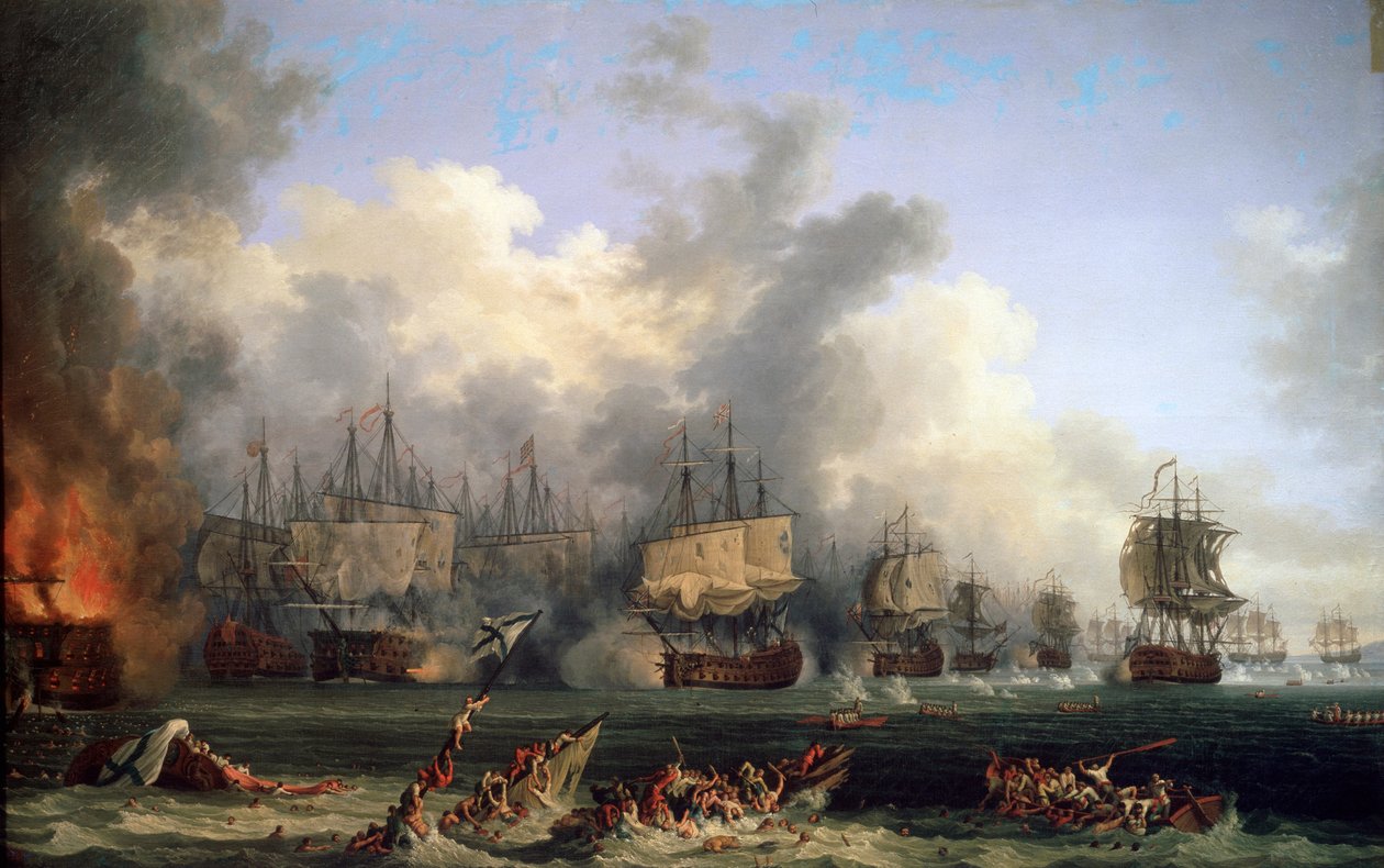 Het zinken van het Russische slagschip St. Evstafius in de zeeslag bij Chesma, 1771 door Jacob Philipp Hackert