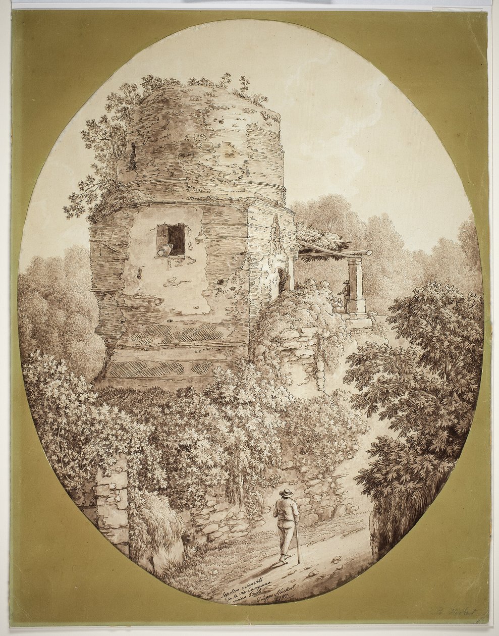 Toren met wandelende man door Jacob Philipp Hackert