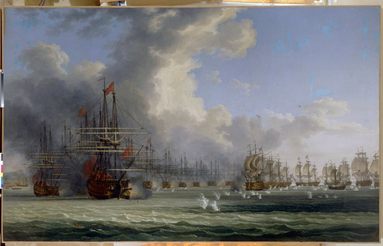 De slag bij Chesma. Begin van de strijd op 5 juli 1770 door Jacob Philippe Hackert