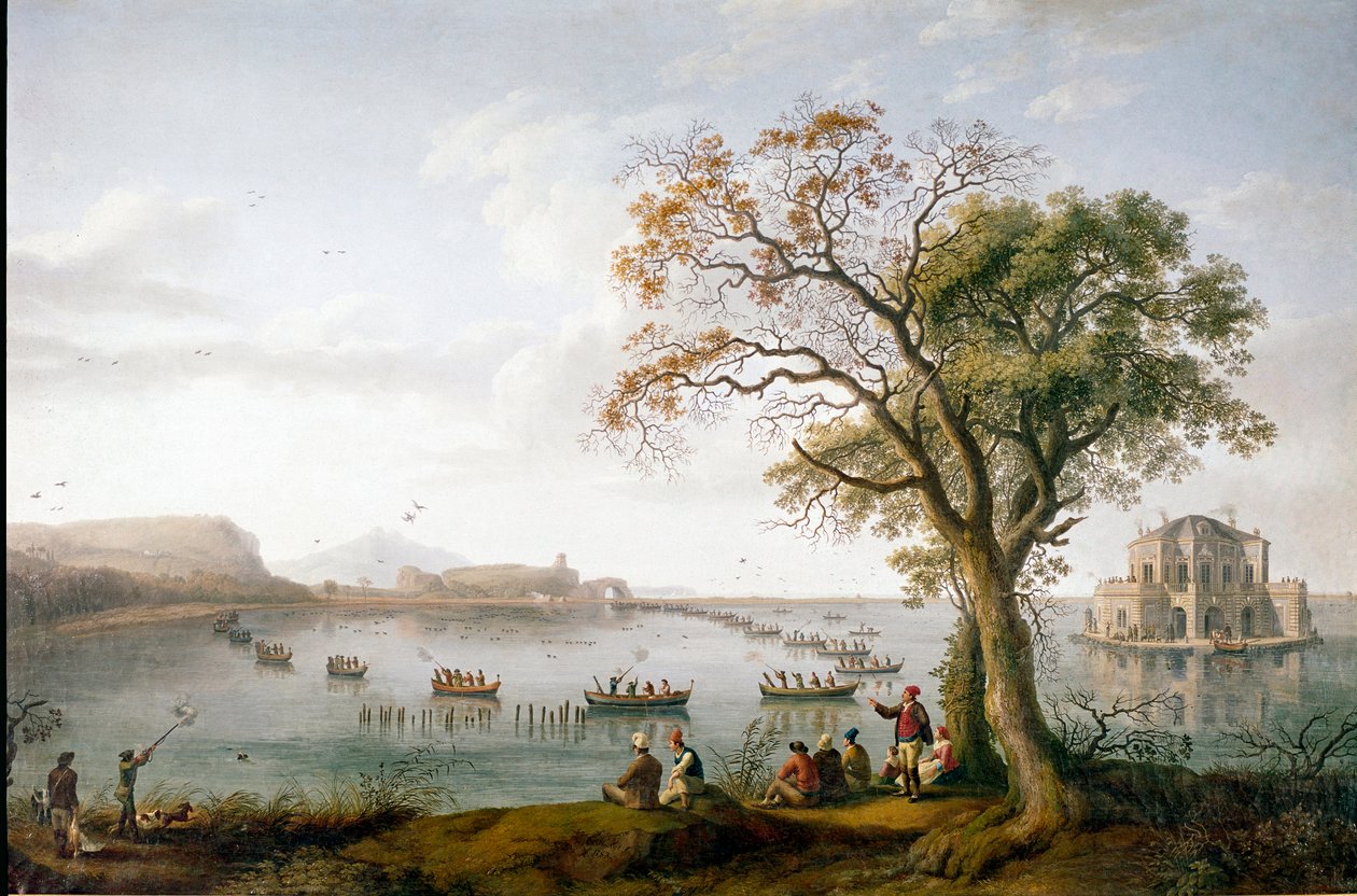 De meerkoetjacht van Ferdinand I van de Twee Siciliën op het meer van Fusaro bij Napels, Italië door Jacob Philippe Hackert