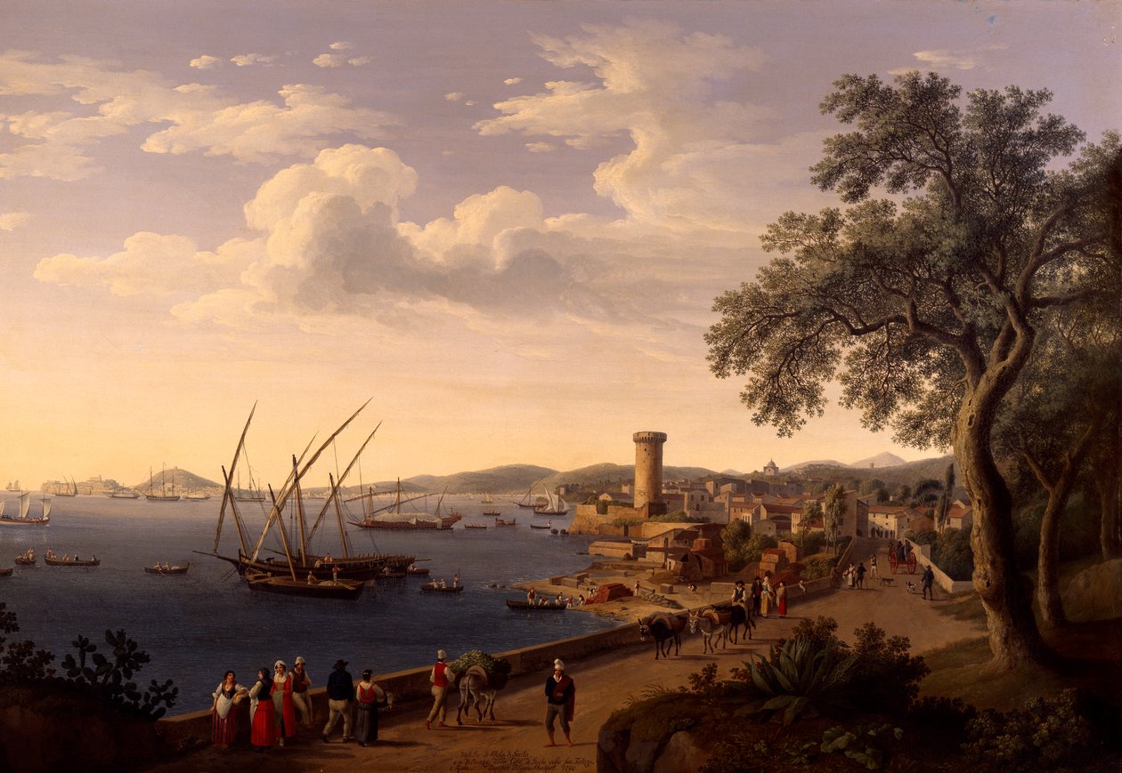 De haven van Gaeta, de pier en het fort door Jacob Philippe Hackert