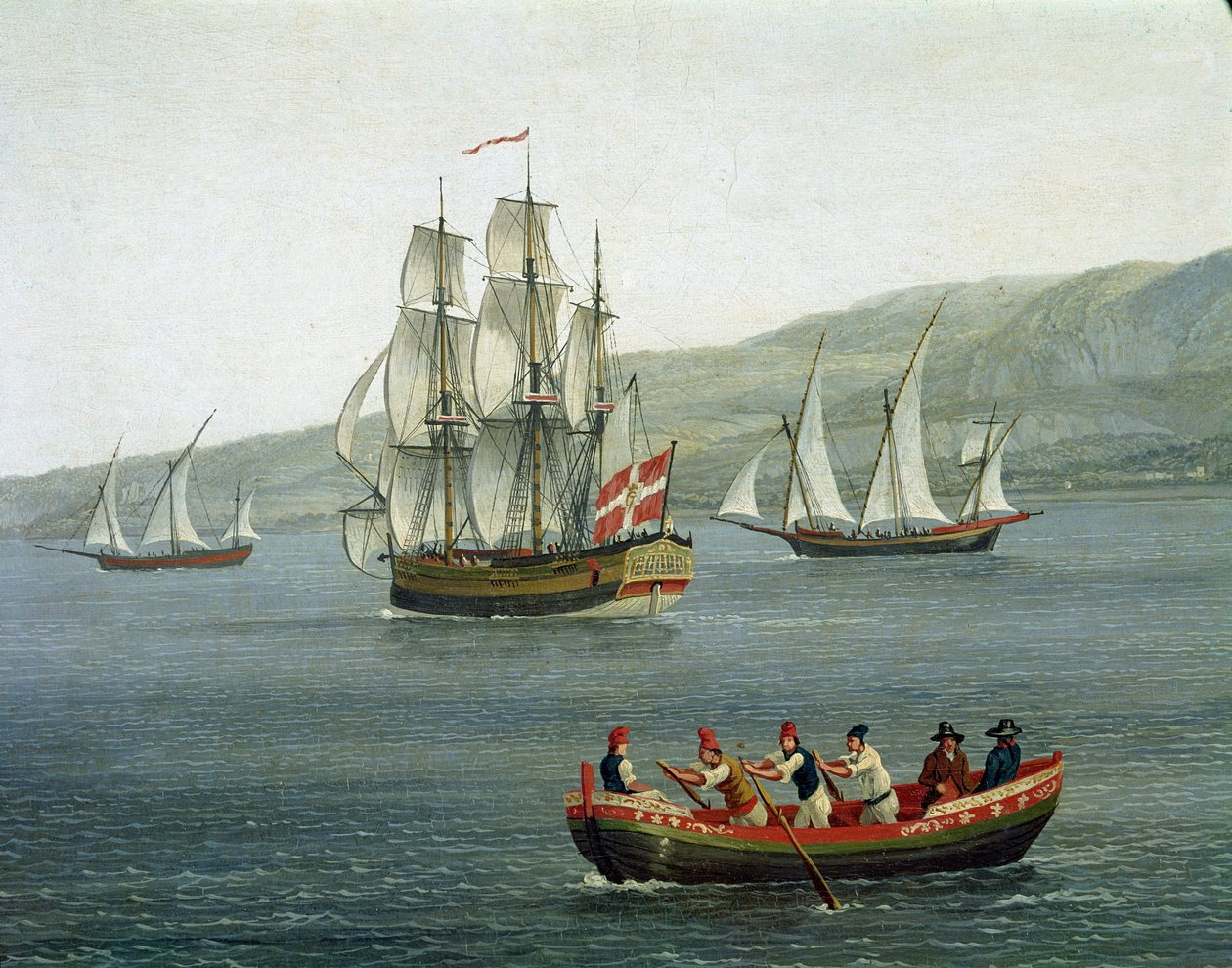 Uitzicht op schepen in de Straat van Messina, Reggio Calabria, Italië door Jacob Philippe Hackert
