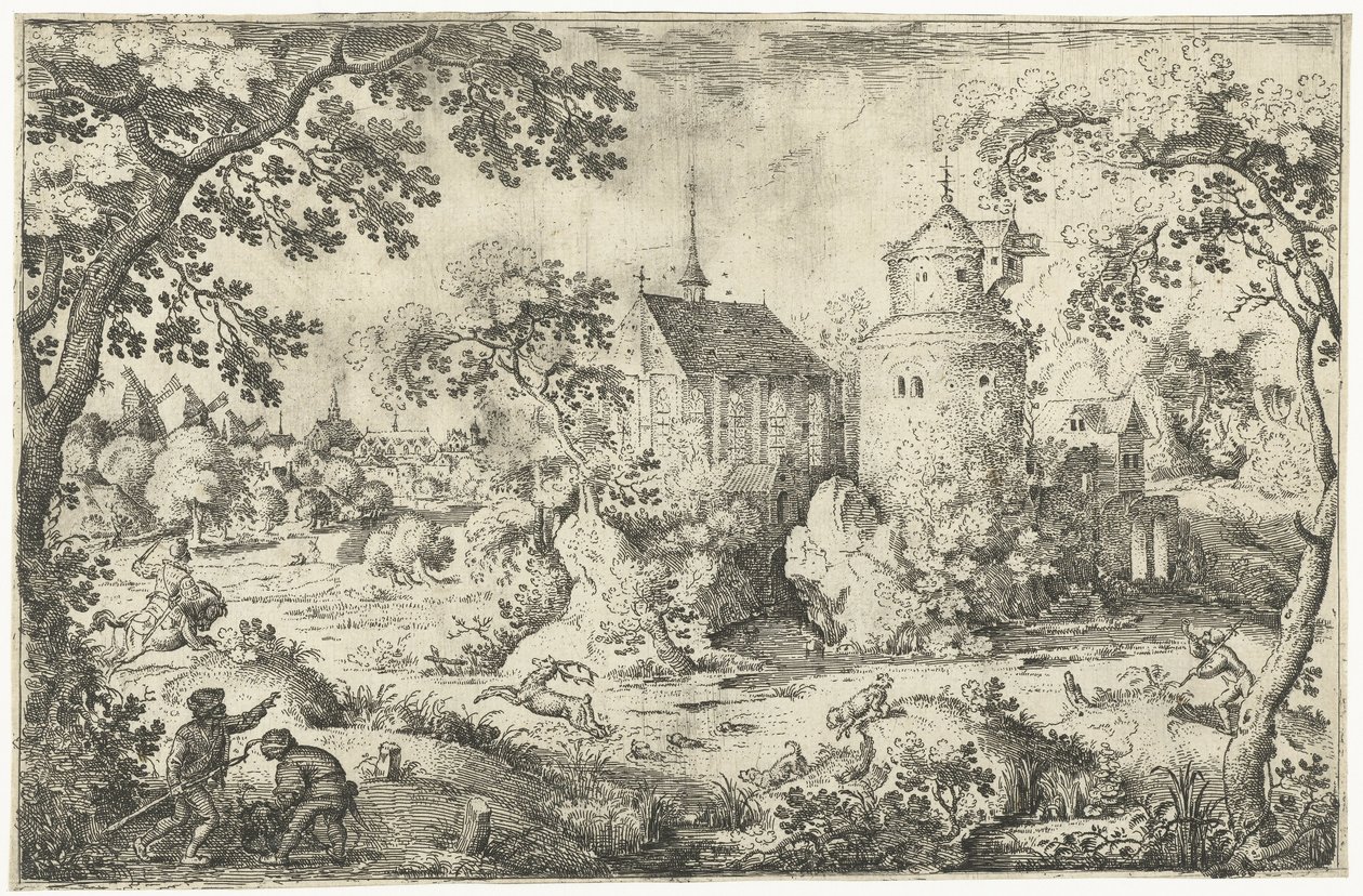 Hertenjacht bij een kapel door Jacob Savery (I)