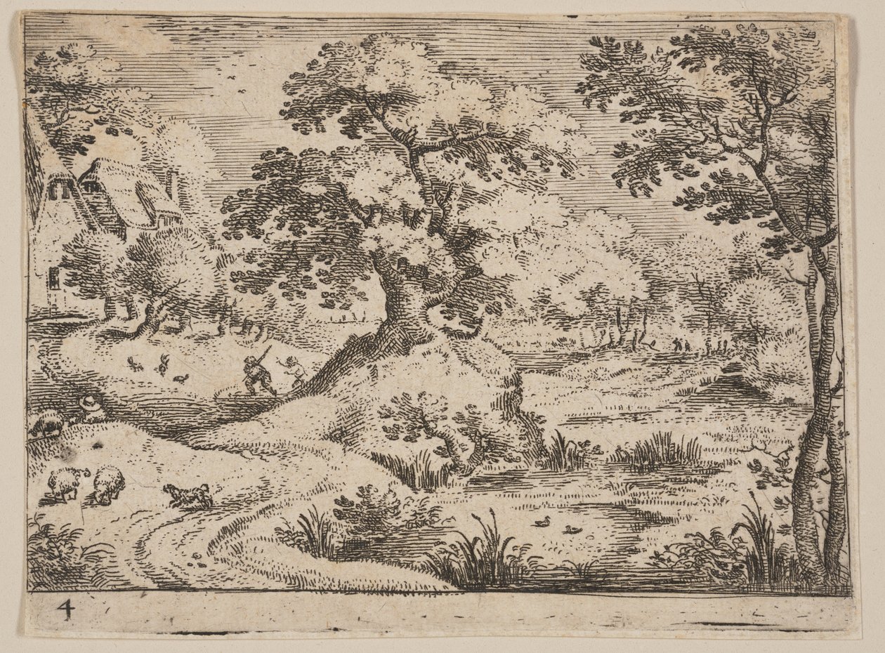 Pad bij een moeras: Herdershond en schapen, uit Landschappen door Jacob Savery I