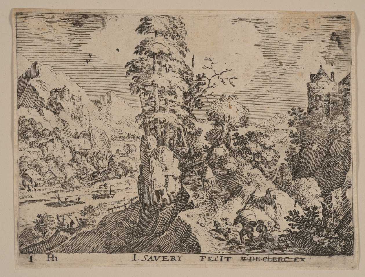 Pad met reizigers rechts van rivier, uit Landschappen door Jacob Savery I