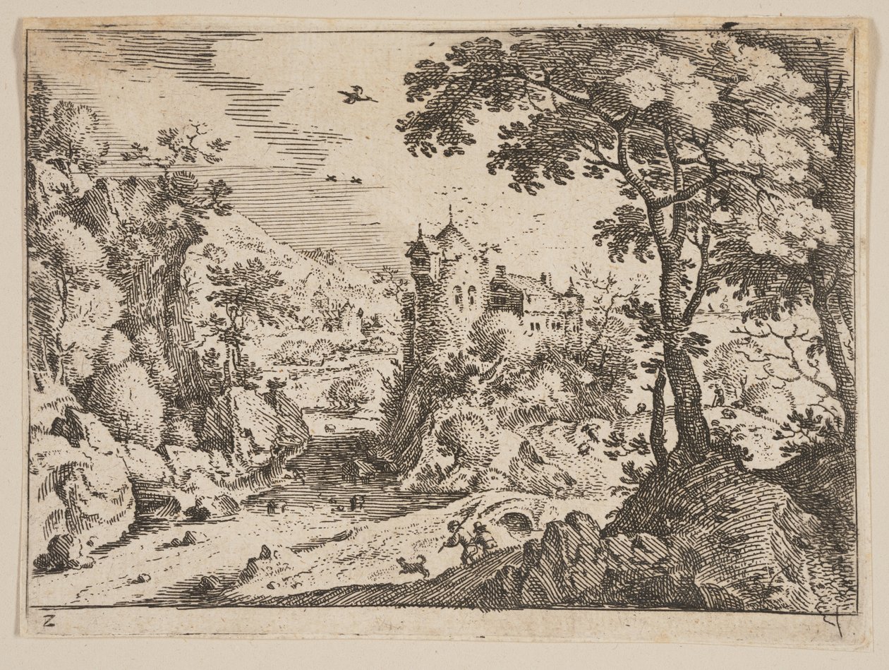 Beek tussen rotsheuvel en kasteel, uit Landschappen door Jacob Savery I