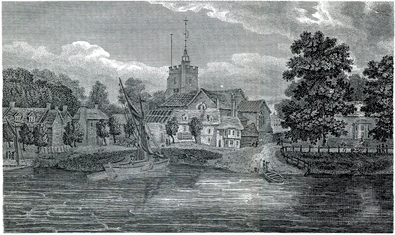 Gravure St Nicholas Church Chiswick door Schnebbelie 1807 door Jacob Schnebbelie