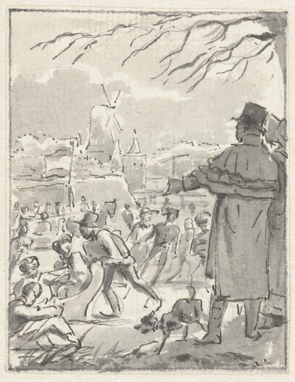 IJsvermaak op een stadsgracht bij een molen door Jacob Smies