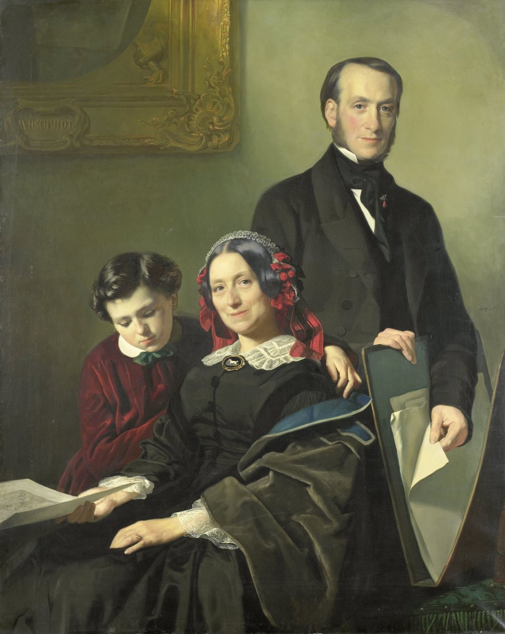 Mevrouw A.J. Schmidt-Keiser, weduwe van de schilder Willem Hendrik Schmidt (1809-49), de leermeester van Jacob Spoel, met haar broer J.N. Keiser en haar tienjarig zoontje door Jacob Spoel