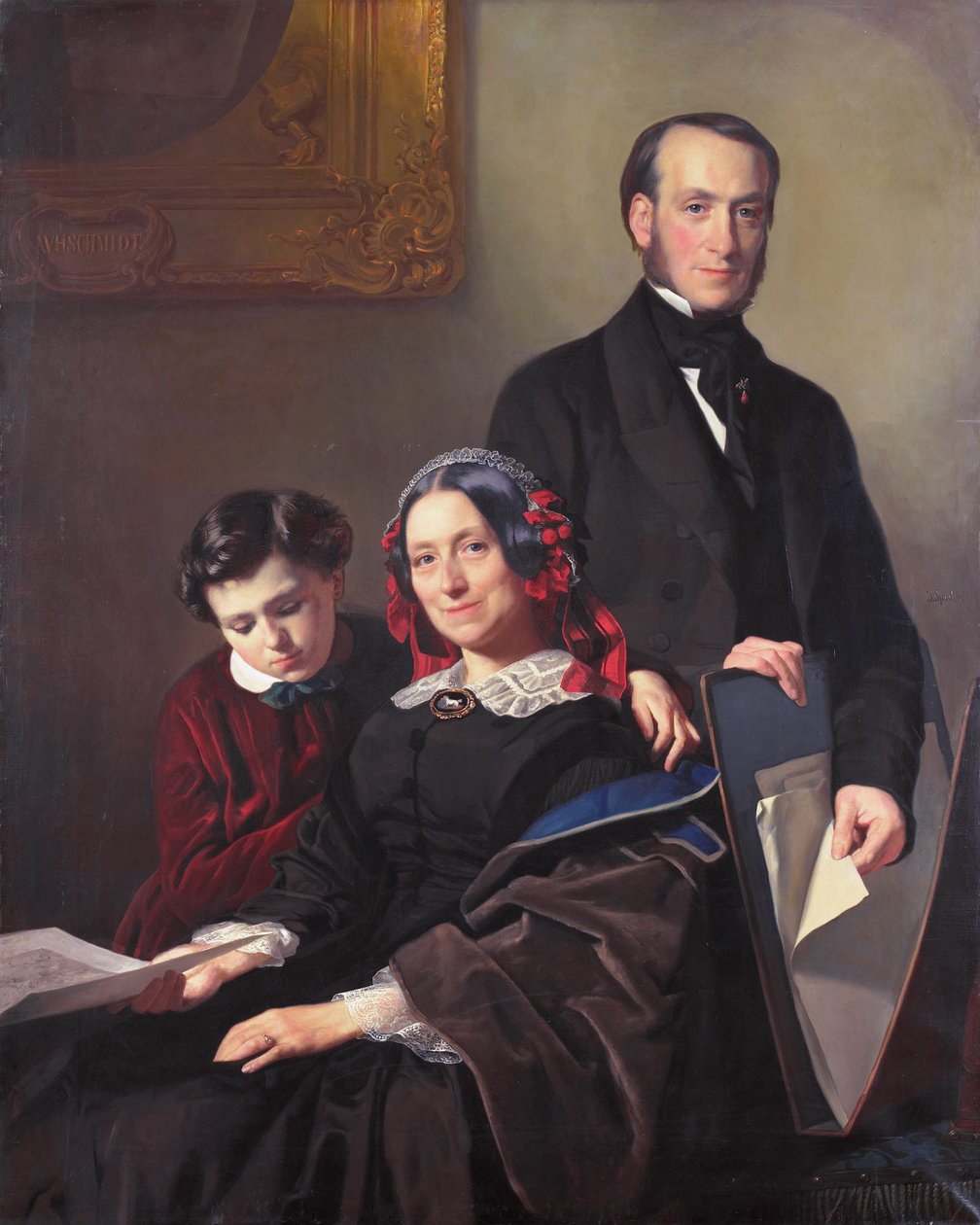 Mevrouw A J Schmidt-Keiser, weduwe van de schilder Willem Hendrik Schmidt (1809-49), de leermeester van Jacob Spoel, met haar broer J N Keiser en haar tienjarig zoontje door Jacob Spoel