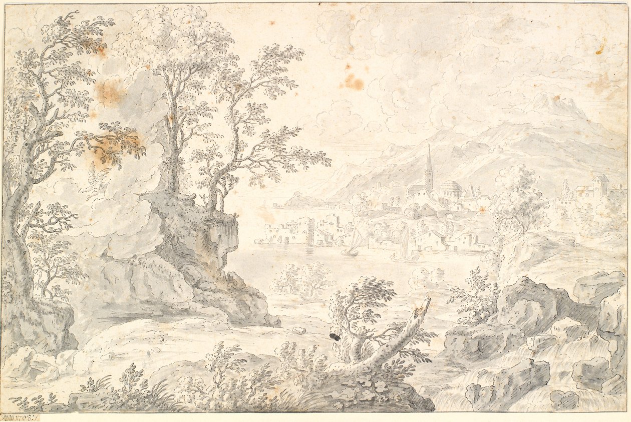 Landschap met een stad (Hamburg?) aan een meer of zeezicht door Jacob Stockmann