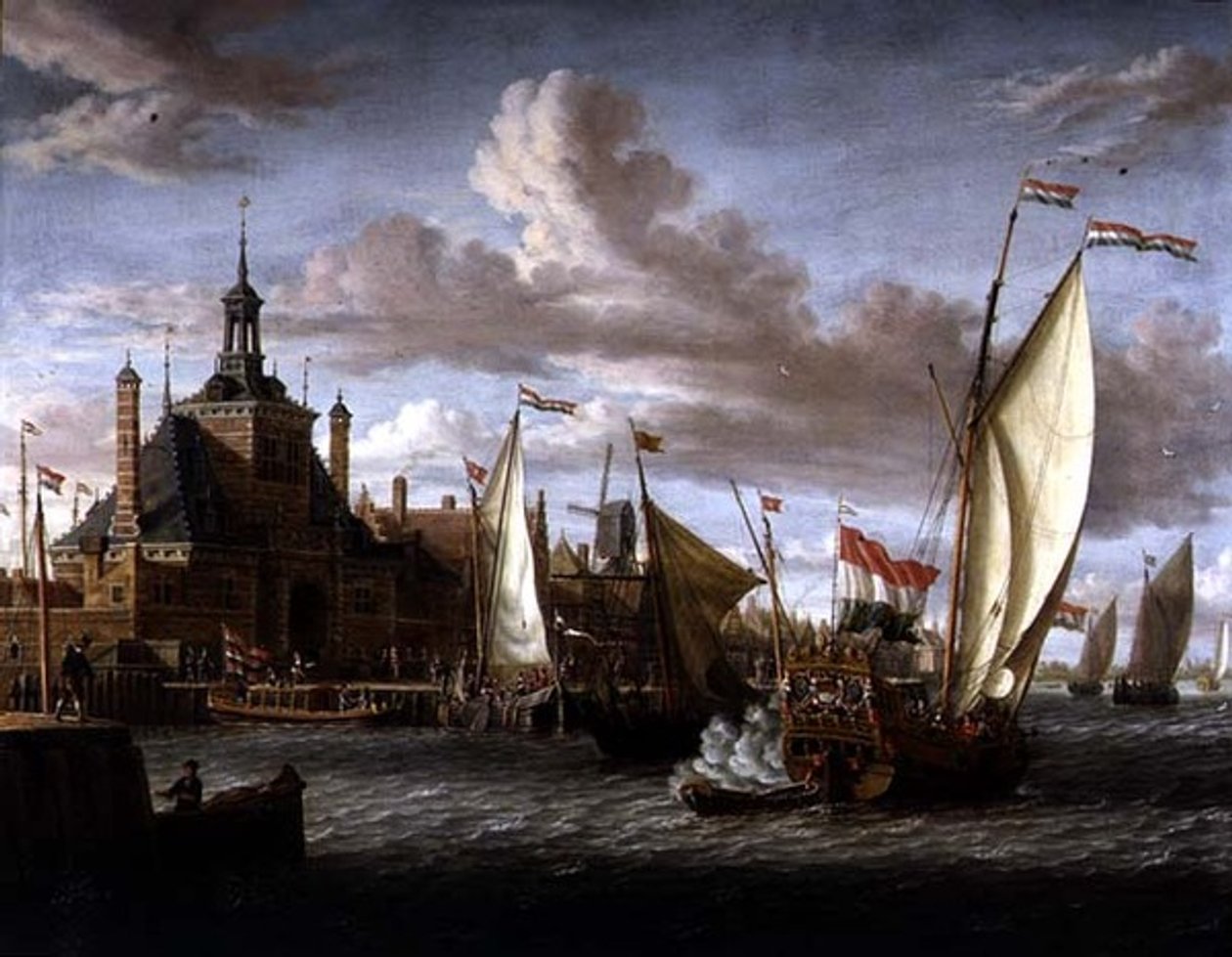 Een jacht van de Staten van Zeeland vuurt een saluut af bij de Dude Hoofdpoort, Rotterdam door Jacob Storck