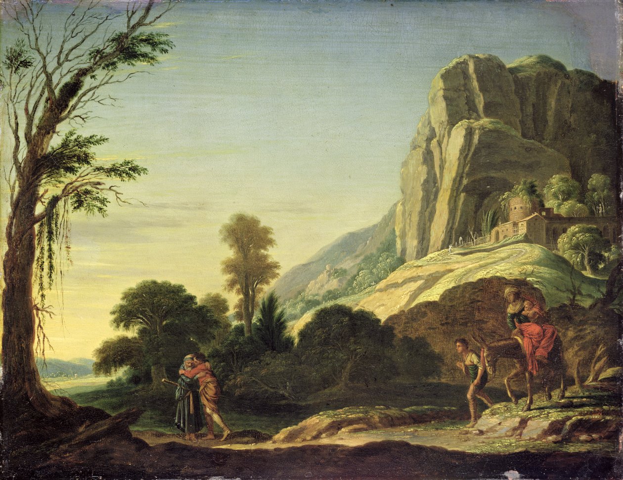 Landschap met de ontmoeting van Mozes en Aaron op de berg Horeb door Jacob Symonsz Pynas or Pinas