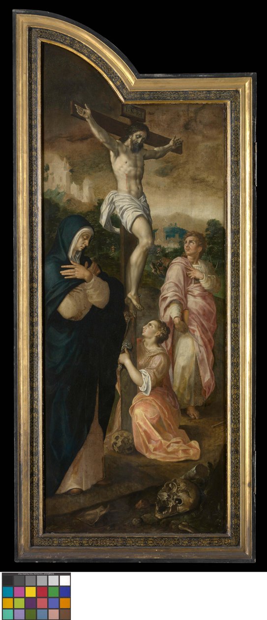 De kruisiging (linkervleugel), De profetie van het herstel van Hizkia (middenpaneel), Abt Jacob Delrio met patroonheilige (rechtervleugel), De opwekking van Lazarus (grisaille, achterzijde van de buitenste vleugels) door Jacob de Backer