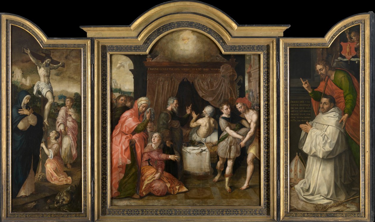 De Kruisiging (linkervleugel), De Profetie van het Herstel van Hizkia (middenpaneel), Abt Jacobus Delrio met Patroonheilige (rechtervleugel) door Jacob de Backer