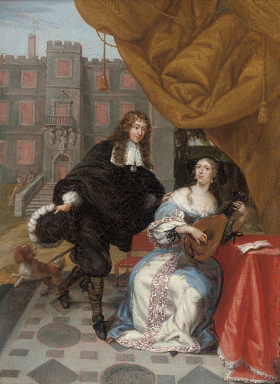 Een heer die een dame het hof maakt met muziek in een binnenplaats, 1668 door Jacob de Fourmentrou